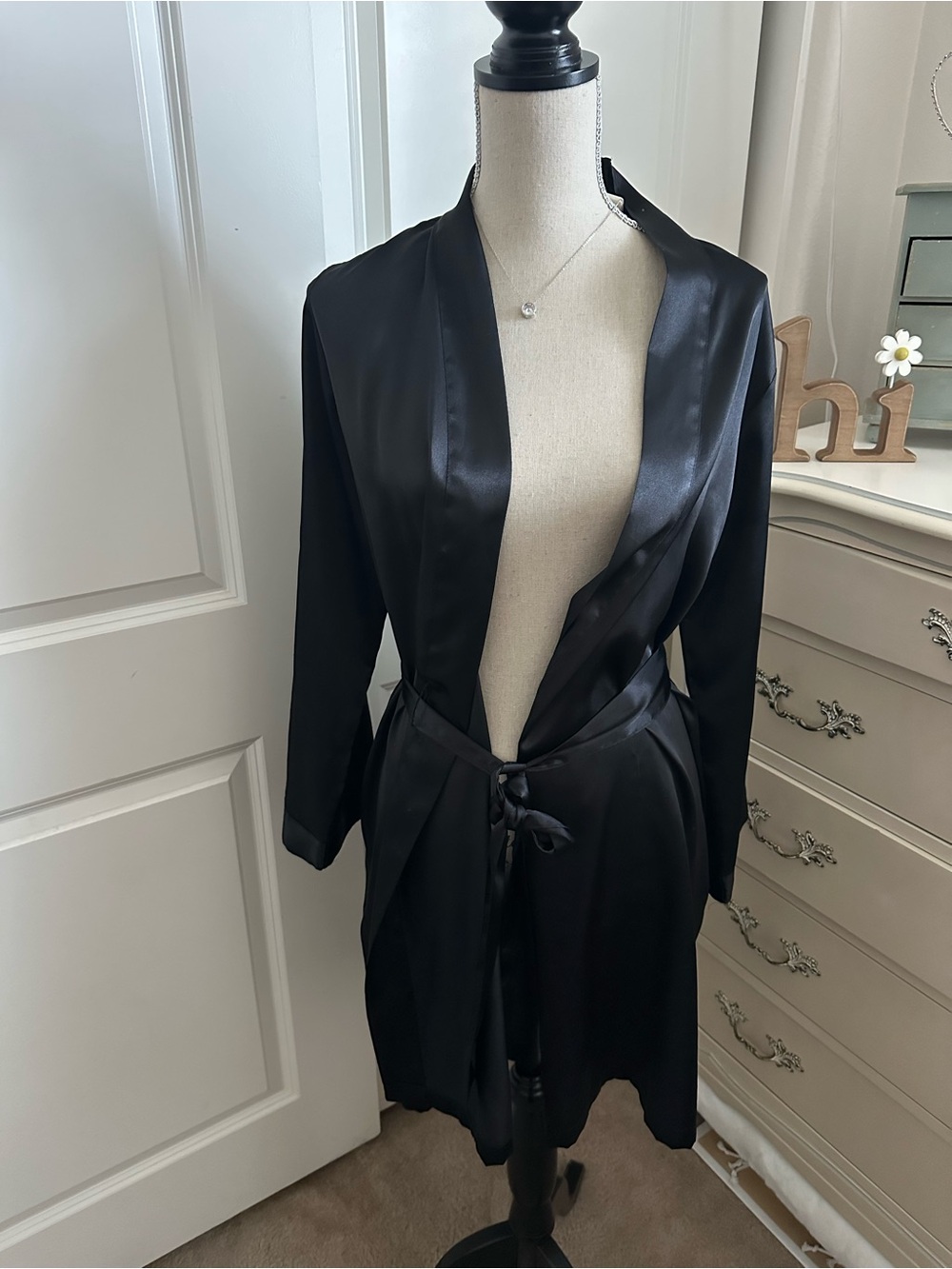 Morgan Taylor Black Satin Wrap Robe with Tie